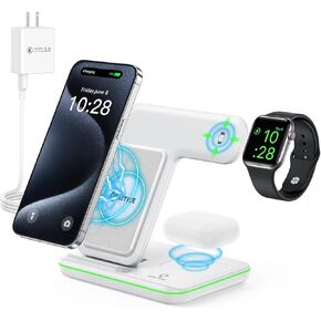 WAITIEE Wireless Charger 3 in 1, 15W Fast Charging Station for Apple Watch 10/9/8/Ultra 2/Ultra/SE/7/6/5/4/3/2, for AirPods 3/2/1/Pro for iPhone 16/15/14/13 /Plus/Pro/Pro Max/12/11(Black)
