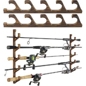 THKFISH Fishing Rod Holder, Wood Fishing Rod Rack for Home Garage, Wall Mounted Fishing Rod Holders Holds up to 5/6/10/12 Rod or Combos or Nets Storage Racks