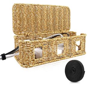 Cable Management Box, Floor Outlet Hider, Handwoven Imitation Rattan Cord Hider Organizer Box, Cable Hiding Box (Walnut, S)