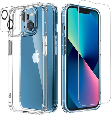 [جراب شفاف 5 في 1 مصمم لهاتف iPhone 15 Plus مع واقي شاشة [عبوة من قطعتين] + واقي عدسة الكاميرا [عبوتين]، غطاء شفاف للحماية من السقوط من الدرجة العسكرية مقاس 6.7 بوصة in Saudi Arabia