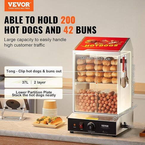 VEVOR Hot Dog Steamer, 36L/32.69Qt, Classic Hut Steamer for 96 Hot Dogs & 30 Buns, Electric Bun Warmer Cooker with Drop Down Door Acrylic Window Partition Plate Food Clip PTFE Tape, Stainless Steel in Saudi Arabia