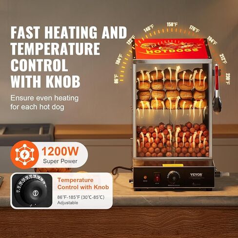 VEVOR Hot Dog Steamer, 36L/32.69Qt, Classic Hut Steamer for 96 Hot Dogs & 30 Buns, Electric Bun Warmer Cooker with Drop Down Door Acrylic Window Partition Plate Food Clip PTFE Tape, Stainless Steel in Saudi Arabia