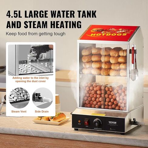 VEVOR Hot Dog Steamer, 36L/32.69Qt, Classic Hut Steamer for 96 Hot Dogs & 30 Buns, Electric Bun Warmer Cooker with Drop Down Door Acrylic Window Partition Plate Food Clip PTFE Tape, Stainless Steel in Saudi Arabia