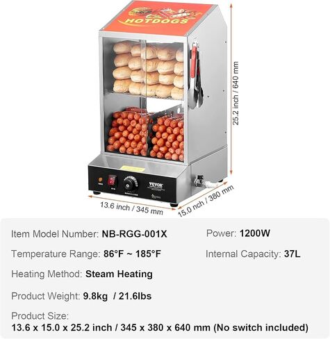 VEVOR Hot Dog Steamer, 36L/32.69Qt, Classic Hut Steamer for 96 Hot Dogs & 30 Buns, Electric Bun Warmer Cooker with Drop Down Door Acrylic Window Partition Plate Food Clip PTFE Tape, Stainless Steel in Saudi Arabia