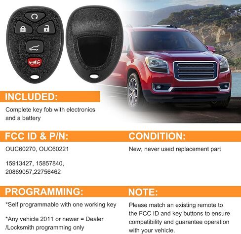 Key Fob, Keyless Entry Remote Start Control Replacement Fits for GMC Acadia 2007-2016 Yukon XL/Chevy Suburban Tahoe Traverse/Cadillac Escalade SRX/Buick Enclave FCC ID: OUC60270, OUC60221, 15913415 in Kuwait