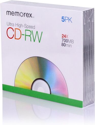 Memorex CD-RW Media 16X-24X 80MIN فائقة السرعة مع حافظات نحيفة - 5 عبوات in Kuwait