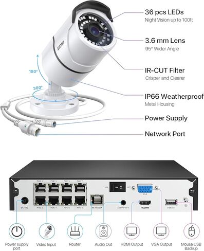 ZOSI 3K Lite 8CH H.265+ Home Security Camera System with AI Human/Vehicle Detection,Night Vision,5MP Lite 8 Channel CCTV DVR,4pcs 1080P 1920TVL 2MP Outdoor Indoor Surveillance Dome Cameras (No HDD) in Saudi Arabia