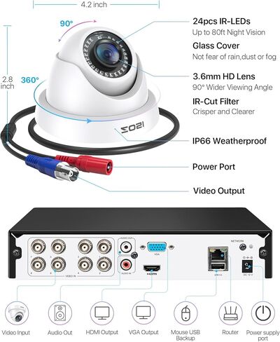 ZOSI 3K Lite 8CH H.265+ نظام كاميرا أمان منزلي مع تقنية الذكاء الاصطناعي للكشف عن الإنسان/المركبة، رؤية ليلية، 5 ميجابكسل لايت 8 قنوات CCTV DVR، 4 قطع 1080P 1920TVL 2MP كاميرات مراقبة داخلية خارجية (بدون محرك أقراص ثابتة) in Kuwait