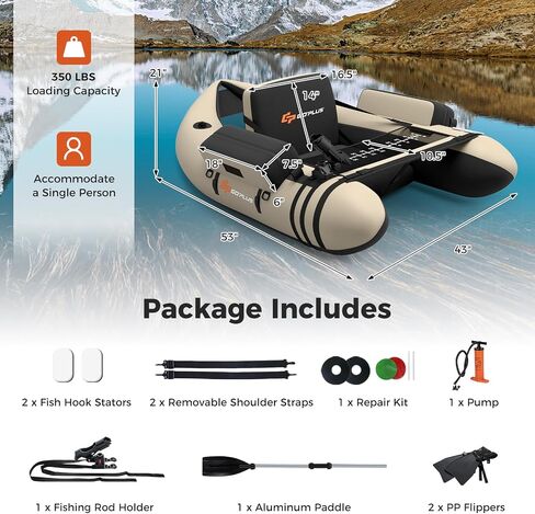 Goplus Inflatable Float Tube, Fishing Belly Boat with Fish Ruler, Pump, Storage Pockets, Adjustable Straps, Fishing Float Tube for Angling, 350LBS Load Capacity in Saudi Arabia