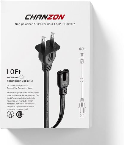 Chanzon 10ft Vizio Power Cord 7A 125v for Vizio D-E-M-Series HDTV Smart LED Sharp LCD TV Sony PS1 (2 Prong NEMA-1-15P IEC320-C7 Plug) 2Slot Universal Replacement Wall Polarized AC Cable(UL Listed) in Kuwait