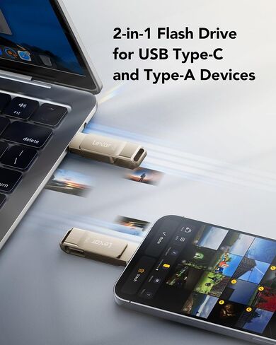 محرك أقراص Lexar D40E سعة 256 جيجابايت ثنائي USB 3.2 Gen 1 Type-C™، محرك أقراص فلاش USB-C ذو تصميم دوار ذو تصميم دوار (LJDD40E256G-BNSNG) in Kuwait