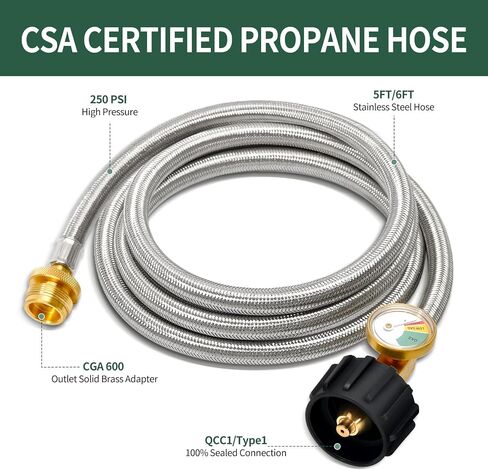 5FT Stainless Braided Propane Hose Adapter 1lb to 20 lb with Gauge, Propane Tank Hose Adapter, Compatible with BLACKSTONE 17"and 22" Griddle, Char-Broil, Weber Q, and More 1lb Portable Appliances in Saudi Arabia