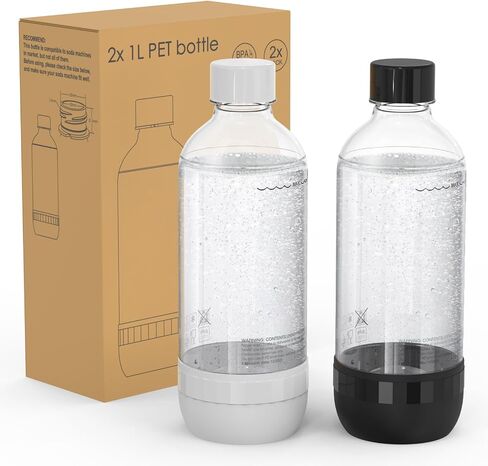Mycket Soda Maker Bottles, 1 Liter Carbonating Bottles, BPA Free, Reusable Sparkling Water Bottles, Replacement Bottle for Soda Machine, 2 Pack, Black & White in Saudi Arabia