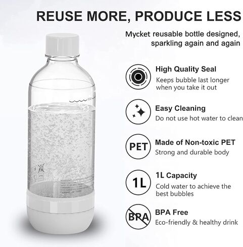 Mycket Soda Maker Bottles, 1 Liter Carbonating Bottles, BPA Free, Reusable Sparkling Water Bottles, Replacement Bottle for Soda Machine, 2 Pack, Black & White in Saudi Arabia