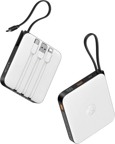 VRURC Portable Charger with Built-in Cables, 10000mAh Battery Pack PD 20W for iPhone, 22.5W USB C Travel Power Bank for iPhone 15 14 13 Samsung Galaxy S23 S22 Google Android Airpods Pro, Whtie in Saudi Arabia