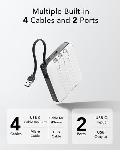 VRURC Portable Charger with Built-in Cables, 10000mAh Battery Pack PD 20W for iPhone, 22.5W USB C Travel Power Bank for iPhone 15 14 13 Samsung Galaxy S23 S22 Google Android Airpods Pro, Whtie in Saudi Arabia