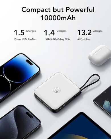 VRURC Portable Charger with Built-in Cables, 10000mAh Battery Pack PD 20W for iPhone, 22.5W USB C Travel Power Bank for iPhone 15 14 13 Samsung Galaxy S23 S22 Google Android Airpods Pro, Whtie in Saudi Arabia