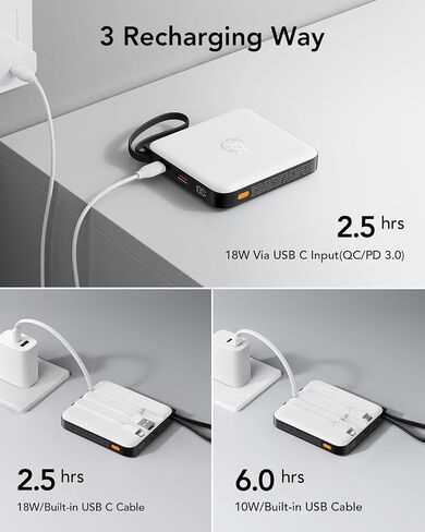 VRURC Portable Charger with Built-in Cables, 10000mAh Battery Pack PD 20W for iPhone, 22.5W USB C Travel Power Bank for iPhone 15 14 13 Samsung Galaxy S23 S22 Google Android Airpods Pro, Whtie in Saudi Arabia