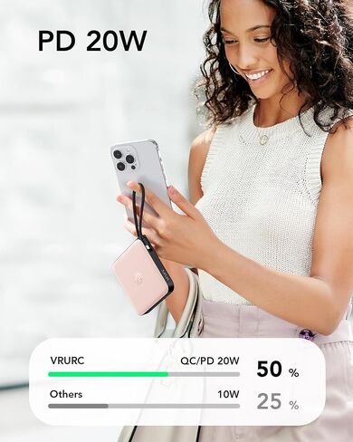 VRURC Portable Charger with Built-in Cables, 10000mAh Battery Pack PD 20W for iPhone, 22.5W USB C Travel Power Bank for iPhone 15 14 13 Samsung Galaxy S23 S22 Google Android Airpods Pro, Whtie in Kuwait