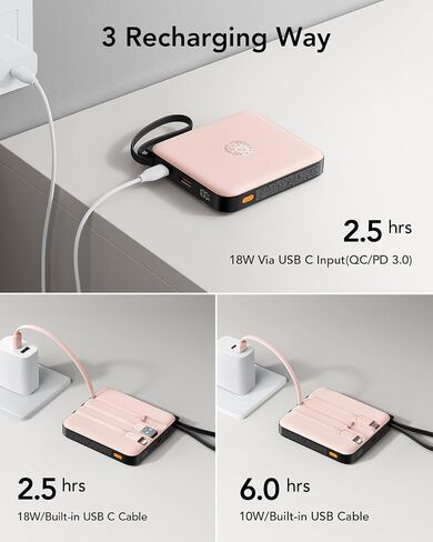 VRURC Portable Charger with Built-in Cables, 10000mAh Battery Pack PD 20W for iPhone, 22.5W USB C Travel Power Bank for iPhone 15 14 13 Samsung Galaxy S23 S22 Google Android Airpods Pro, Whtie in Kuwait