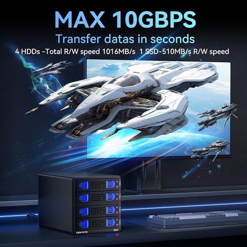 Aluminum 4 Bay 10Gbps Hard Drive Enclosure with Cooling Fan for 2.5“/3.5" SATA HDD/SSD with USB A/C 3.2 Gen 2, Support Hot Swappable, Daisy Chain Expansion, Tool-Free, DAS(NO RAID/NAS) in Saudi Arabia