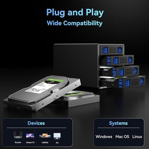 Aluminum 4 Bay 10Gbps Hard Drive Enclosure with Cooling Fan for 2.5“/3.5" SATA HDD/SSD with USB A/C 3.2 Gen 2, Support Hot Swappable, Daisy Chain Expansion, Tool-Free, DAS(NO RAID/NAS) in Saudi Arabia