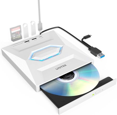 محرك أقراص DVD خارجي من Unitek، مشغل أقراص CD/DVD +/-RW/DVD محمول USB C مع قارئ بطاقة SD USB 3.0 USB C Hub CD ROM Burner متوافق مع أجهزة الكمبيوتر المحمول المكتبية وأجهزة الكمبيوتر المكتبية Windows Linux OS Surface Apple Mac in Kuwait