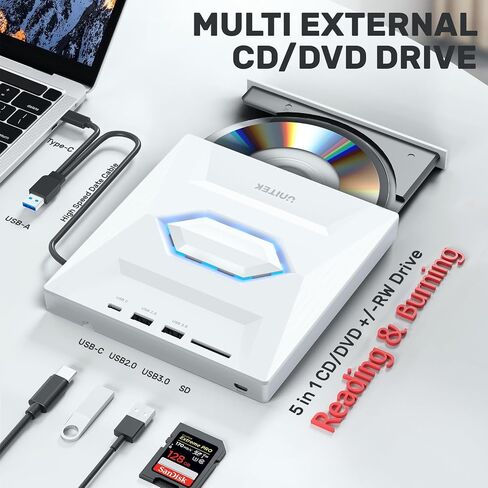محرك أقراص DVD خارجي من Unitek، مشغل أقراص CD/DVD +/-RW/DVD محمول USB C مع قارئ بطاقة SD USB 3.0 USB C Hub CD ROM Burner متوافق مع أجهزة الكمبيوتر المحمول المكتبية وأجهزة الكمبيوتر المكتبية Windows Linux OS Surface Apple Mac in Kuwait