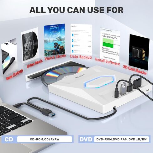محرك أقراص DVD خارجي من Unitek، مشغل أقراص CD/DVD +/-RW/DVD محمول USB C مع قارئ بطاقة SD USB 3.0 USB C Hub CD ROM Burner متوافق مع أجهزة الكمبيوتر المحمول المكتبية وأجهزة الكمبيوتر المكتبية Windows Linux OS Surface Apple Mac in Kuwait