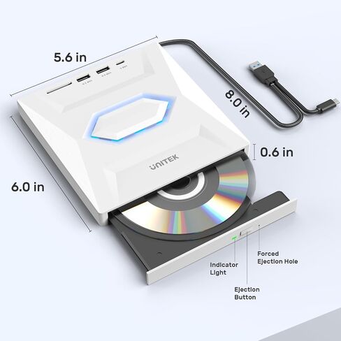 محرك أقراص DVD خارجي من Unitek، مشغل أقراص CD/DVD +/-RW/DVD محمول USB C مع قارئ بطاقة SD USB 3.0 USB C Hub CD ROM Burner متوافق مع أجهزة الكمبيوتر المحمول المكتبية وأجهزة الكمبيوتر المكتبية Windows Linux OS Surface Apple Mac in Kuwait