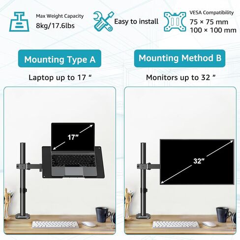 حامل كمبيوتر محمول واحد من MOUNTUP لأجهزة الكمبيوتر المحمول مقاس 13-17 بوصة، ذراع كمبيوتر محمول قابل للتعديل بالكامل، حامل كمبيوتر محمول كامل الحركة، يحمل ما يصل إلى 17.6 رطل، مع مشبك/حلقة تثبيت، MU4001-A in Kuwait