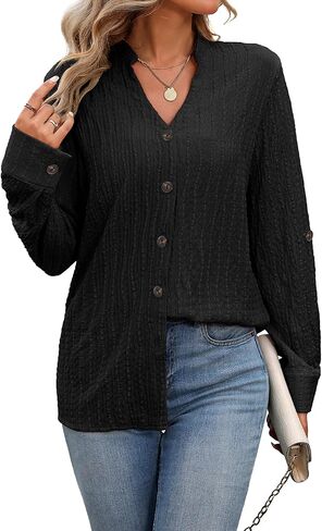 LILYCHIC Women's Cotton Gauze Button Down Shirts Blouses Oversized Business Casual Long Puff Sleeve Solid Blue, M in Kuwait