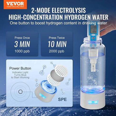 VEVOR Hydrogen Water Bottle, Hydrogen Water Bottle Generator up to 2000 ppb, 380ml Portable Hydrogen Water Machine, SPE Technology hydrogen water generator with Nasal Inhalation Tube and Self-Cleaning in Saudi Arabia