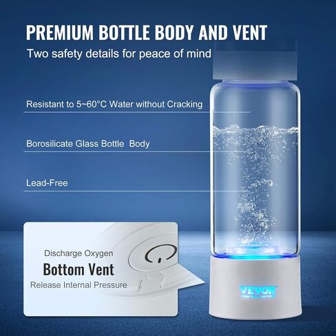 VEVOR Hydrogen Water Bottle, Hydrogen Water Bottle Generator up to 2000 ppb, 380ml Portable Hydrogen Water Machine, SPE Technology hydrogen water generator with Nasal Inhalation Tube and Self-Cleaning in Saudi Arabia