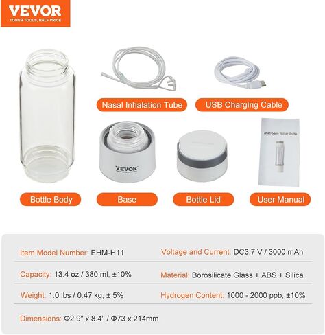 VEVOR Hydrogen Water Bottle, Hydrogen Water Bottle Generator up to 2000 ppb, 380ml Portable Hydrogen Water Machine, SPE Technology hydrogen water generator with Nasal Inhalation Tube and Self-Cleaning in Saudi Arabia
