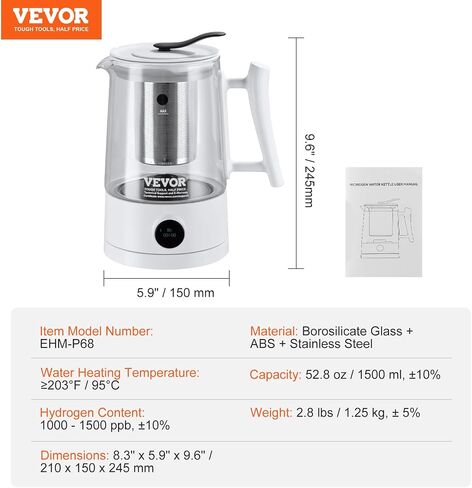 VEVOR Hydrogen Water Bottle, Hydrogen Water Bottle Generator up to 2000 ppb, 380ml Portable Hydrogen Water Machine, SPE Technology hydrogen water generator with Nasal Inhalation Tube and Self-Cleaning in Saudi Arabia