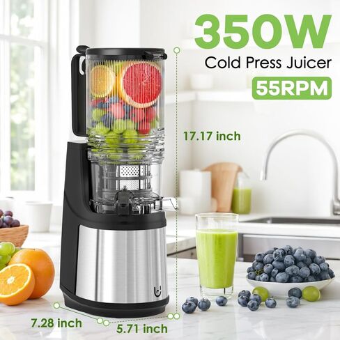 Masticating Juicer, 350W Slow Cold Press Juicer with 5.8" Extra-Large Feeding Chute, Juicer Machines for Whole Fruits and Vegetables, Easy to Clean with Brush in Kuwait