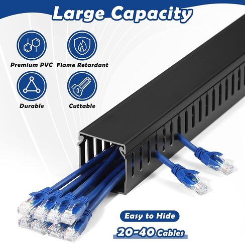ZhiYo Cable Raceway 78in(2xL39in)، إدارة كابلات حامل الخادم تحت منظم سلك المكتب، قناة كابل PVC آمنة للكهرباء، قناة سلكية مفتوحة للشبكة/الكمبيوتر الشخصي/أجهزة التلفاز، قناة سلكية H2 x W2in أسود in Saudi Arabia