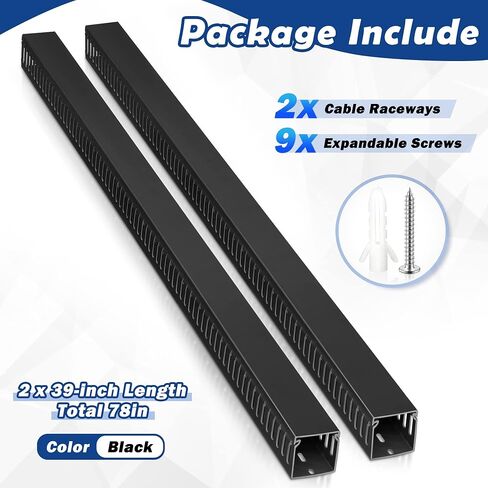 ZhiYo Cable Raceway 78in(2xL39in)، إدارة كابلات حامل الخادم تحت منظم سلك المكتب، قناة كابل PVC آمنة للكهرباء، قناة سلكية مفتوحة للشبكة/الكمبيوتر الشخصي/أجهزة التلفاز، قناة سلكية H2 x W2in أسود in Saudi Arabia