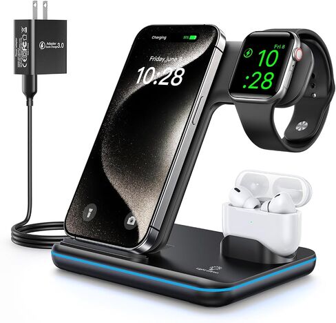 WAITIEE Wireless Charger 3 in 1, 15W Fast Charging Station for Apple Watch 10/9/8/Ultra 2/Ultra/SE/7/6/5/4/3/2, for AirPods 3/2/1/Pro for iPhone 16/15/14/13 /Plus/Pro/Pro Max/12/11(Black) in Saudi Arabia