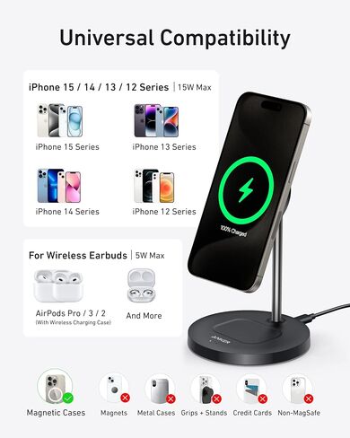 Anker MagSafe Compatible MagGo Charger Stand, iPhone 16 Wireless Charger, 2-in-1 Charging Station, Qi2 Certified 15W Wireless Charger Stand, for iPhone 16/15/14/13/12, AirPods Pro (No AC Adapter) in Saudi Arabia
