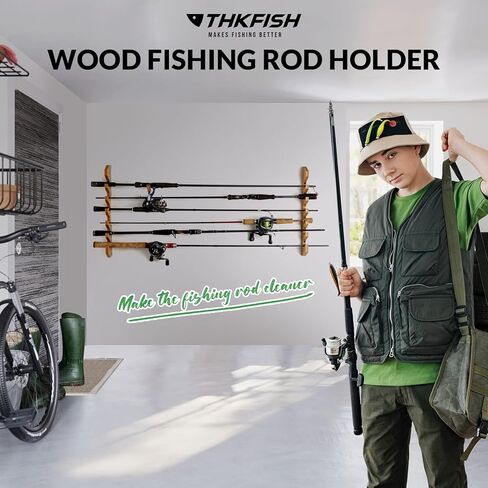 حامل قضيب الصيد من THKFISH، حامل قضيب الصيد الخشبي للمرآب المنزلي، حامل صنارة الصيد المثبت على الحائط يحمل ما يصل إلى 5/6/10/12 قضيب أو مجموعات أو رفوف تخزين شبكية in Kuwait