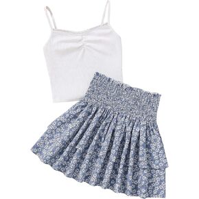 Girl's 2 Piece Outfits Lace Ruched Camisole Tops and Shirred High Waisted Layered Floral Skirts Set