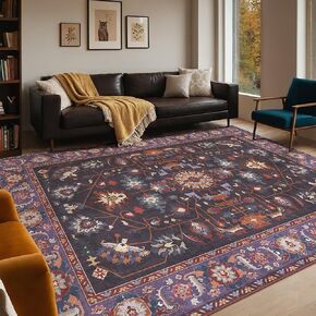 Kokia 9x12 Area Rugs Living Room Soft Washable Non Slip Low Pile Oriental Purple Floral Medallion Stain Resistant Rugs for Bedroom, Dining Room, Kitchen, Indoor Leisure Rooms, Nova Burgundy 912