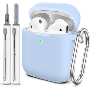 for AirPods Case Cover, Come with Cleaner Kit, Soft Silicone Protective Cover with Buckle, Compatible with Apple AirPods 2nd 1st Generation Charging Case, Front LED Visible, Sky Blue