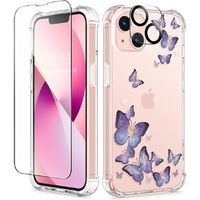 حافظة GVIEWIN مصممة لهاتف iPhone 13 مقاس 6.1 بوصة، مع واقي شاشة من الزجاج المقسى + واقي عدسة الكاميرا غطاء هاتف نسائي شفاف ناعم ومرن مقاوم للصدمات (فلوراتوبيا/ملون)