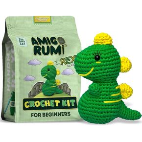 Amigo Rumi Dinosaur Beginners Crochet Kit - Learn How to Crochet Starter Kit - 3+ Hours of Video Tutorials & Crocheting Book - Easy to See Yarn - Amigurumi Stuffed Animal for Kids 12+ & Adults