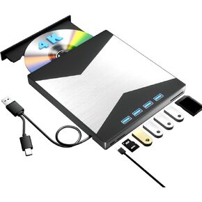 External Blu Ray Drive, 4K Portable Blu Ray Burner USB 3.0 Type-C UHD BD Player with SD/TF Port, CD/DVD Burner R/W 3D Blu Ray Drive, External 4k Blu Ray Drive Compatible with Windows Mac OS Laptop