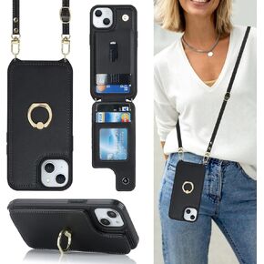 for iPhone 13 Case with Card Holder and Strap - Women's Crossbody Lanyard, Ring Stand,Snap Clasp, RFID Blocking Phone Wallet Case 6.1 inch (Black)