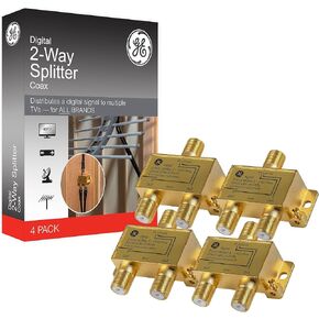GE Digital 2-Way Coaxial Cable Splitter, 2.5 GHz 5-2500 MHz, RG6 Compatible, HD TV, Satellite, High Speed Internet, Amplifier, Antenna, Gold Plated Connectors, Corrosion Resistant, 2 Pack 73755